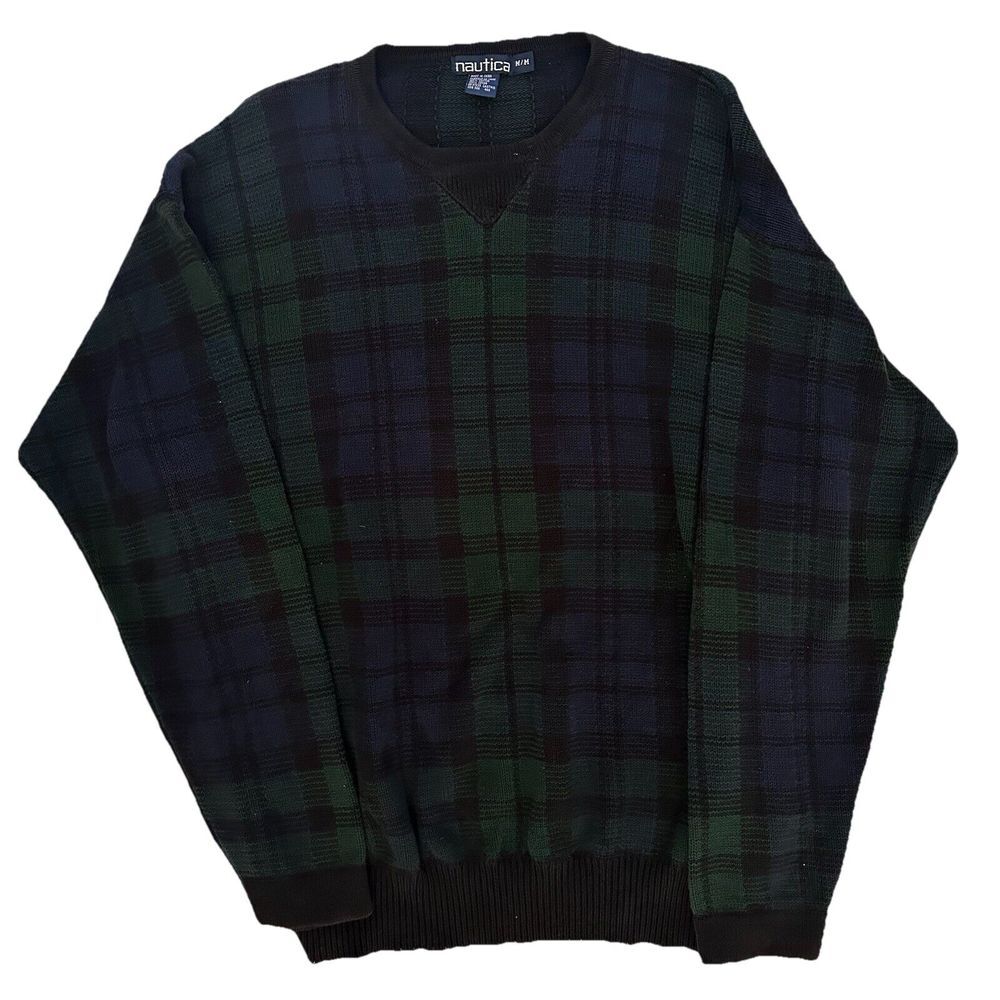 Vtg Nautica Mens Sweater M Black Watch Plaid Grandpa Core Grand Dad Oversized